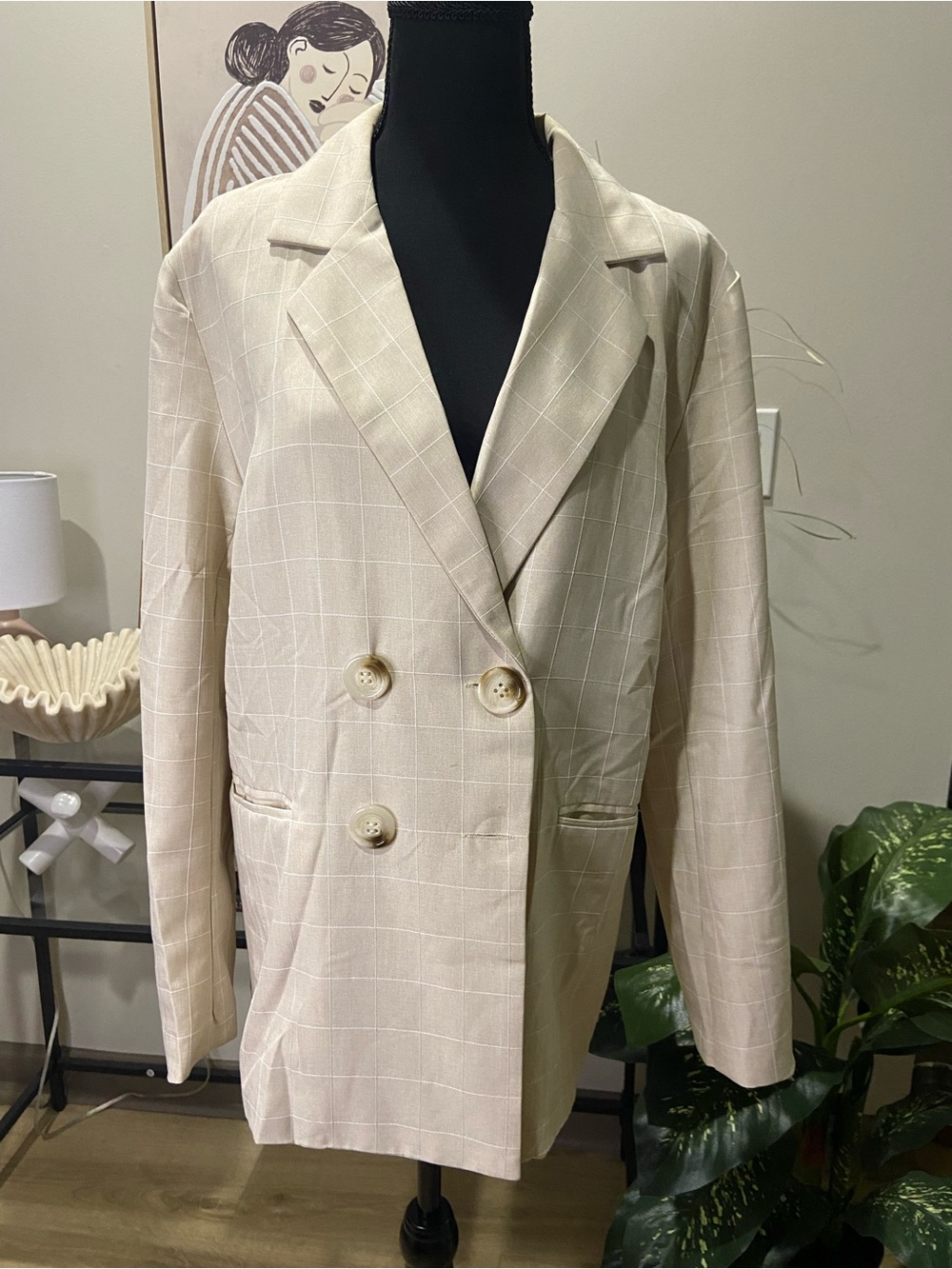 Nasty Gal Double-Breasted Cream Windowpane Blazer